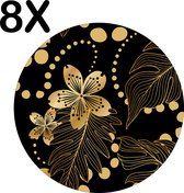 BWK Luxe Ronde Placemat - Gouden Chinese Bloemen op Zwarte Achtergrond - Set van 8 Placemats - 50x50 cm - 2 mm dik Vinyl - Anti Slip - Afneembaar