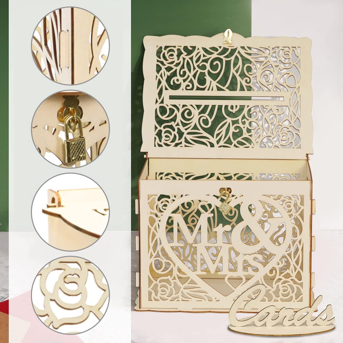 Kaartenbox bruiloft: vintage grote houten bruiloftskaartenbox met slot, doe -het-zelf bruiloftskaarten, receptie, bruiloftsdoos, cadeaubonnen, doos voor jubileum, afstudeerfeest, verjaardag, feest, babyshower