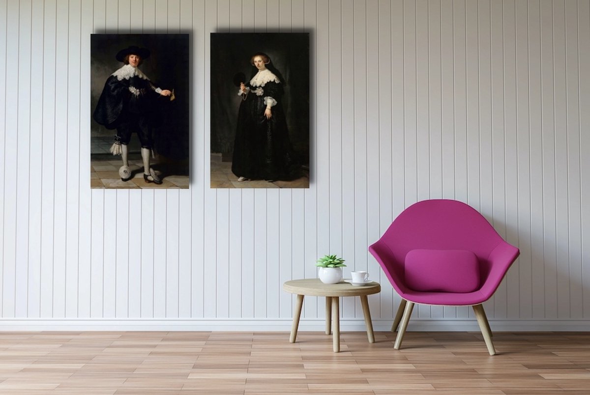 karo-art Rembrandt van Rijn - Marten Soolmans en Opjen Coppit, set van 2 schilderijen, 90x60cm per schilderij, wanddecoratie Multikleur