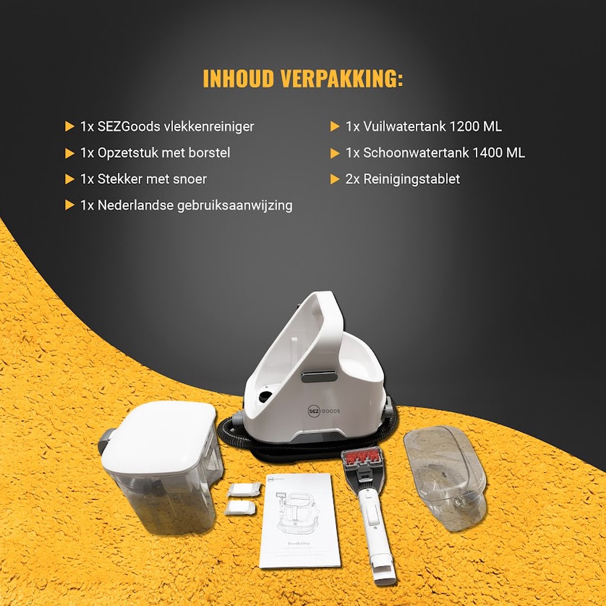 SEZGoods Bank Reiniger - Inclusief Reinigingstabletten - 4 Opzetstukken Autobekleding Reiniger Vlekkenreiniger Tapijtreiniger