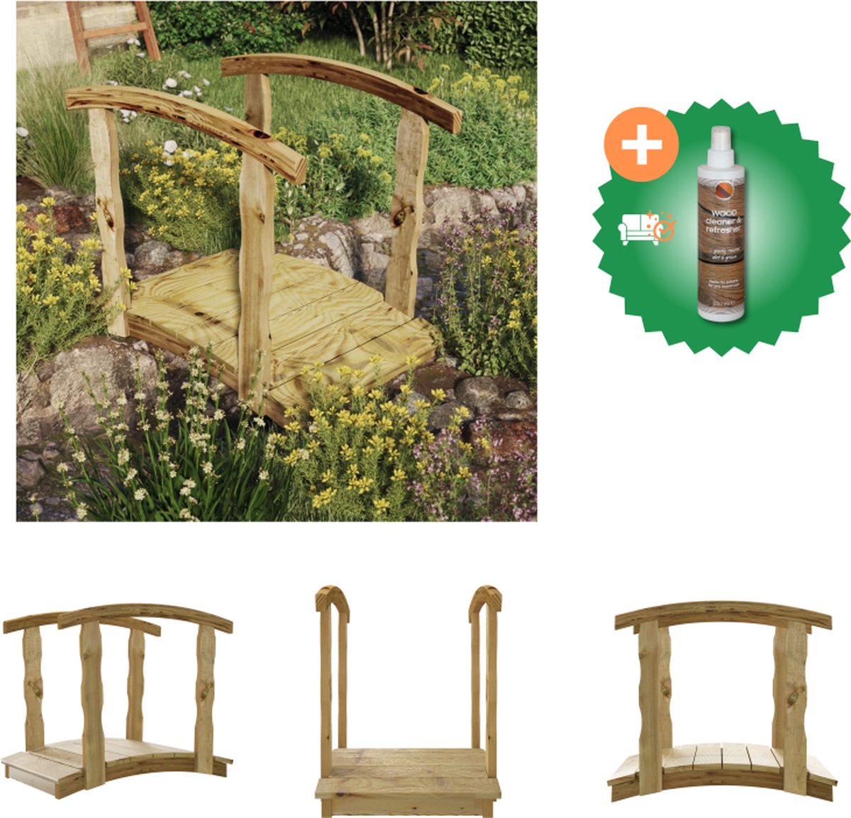 VidaXL Tuinbrug met leuning geïmpregneerd massief grenenhout Waterornament Inclusief Houtreiniger en verfrisser
