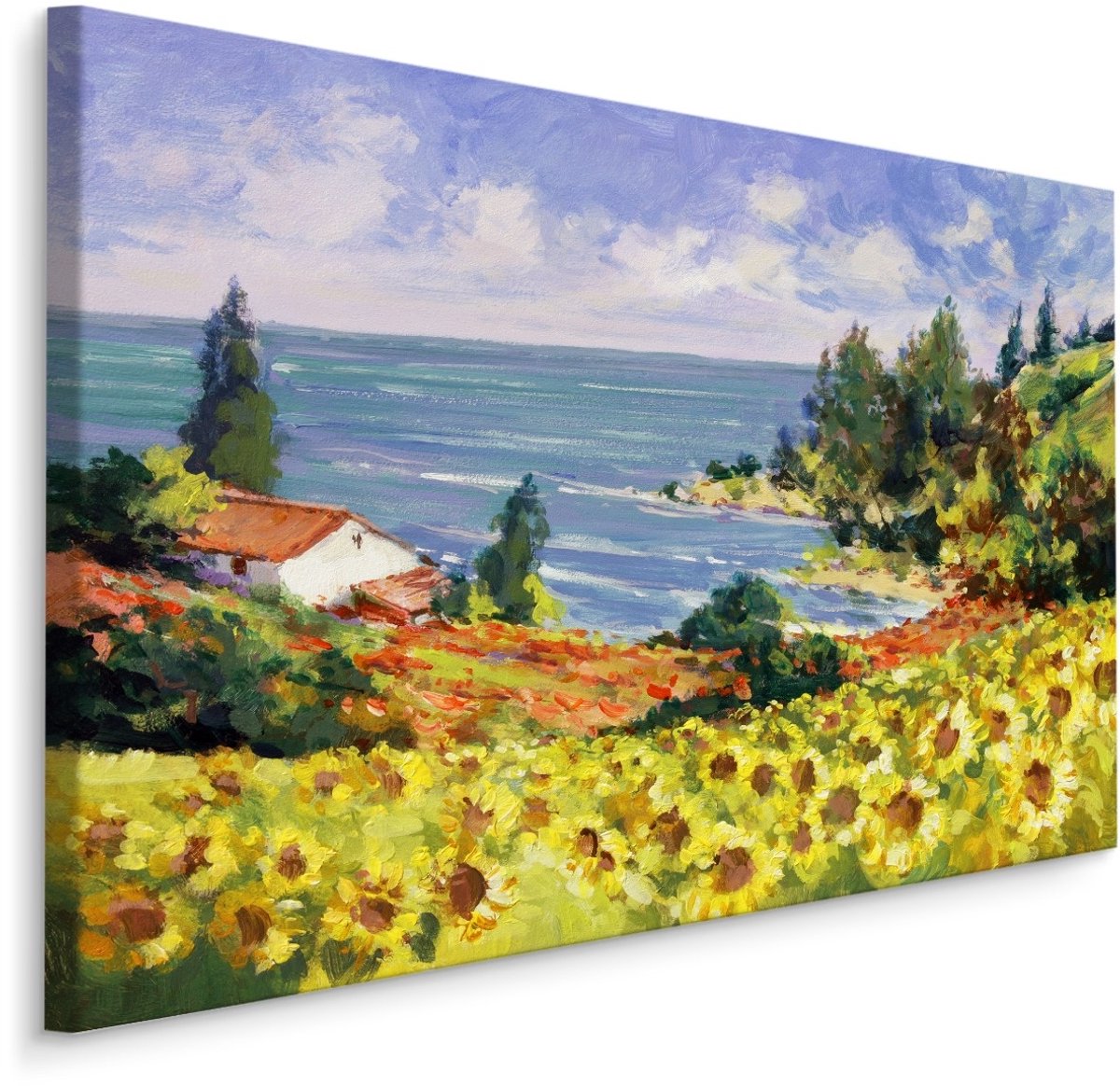karo-art Schilderij - Landschap met Zonnebloemen, Premium print op Canvas Multikleur
