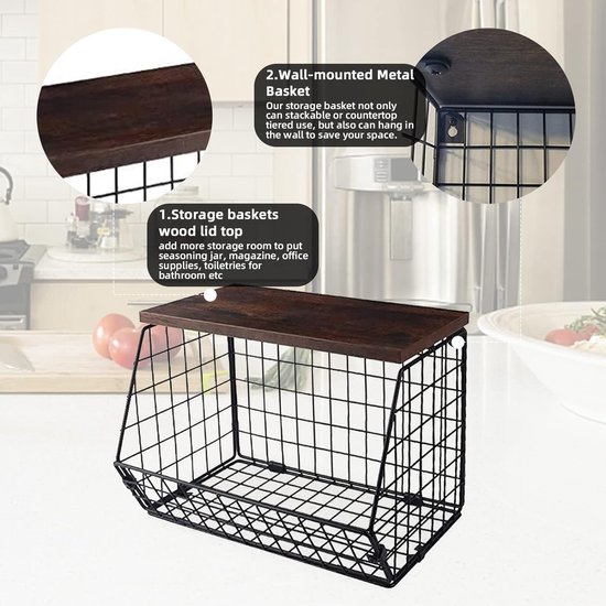 2 magnetische fruitmanden, hangend en kruidenrek, magnetisch, keukenorganizer, keukenrek zonder boren, fruitmand, etagère, fruit- en U-vorm, groenteopslag, magnetisch rek, koelkast, zwart