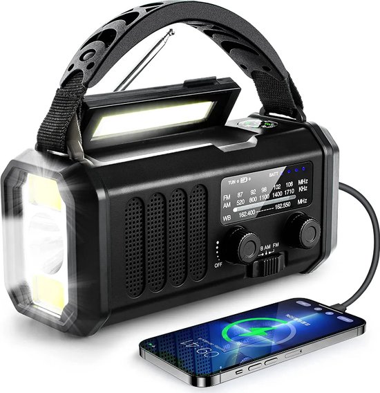 MODEL 2025 Noodradio Opwindbaar - 10000 mAh- Solar Powerbank Zonneenergie - Draagbare Radio - Noodpakket - Zaklamp Oplaadbaar -Noodrantsoen