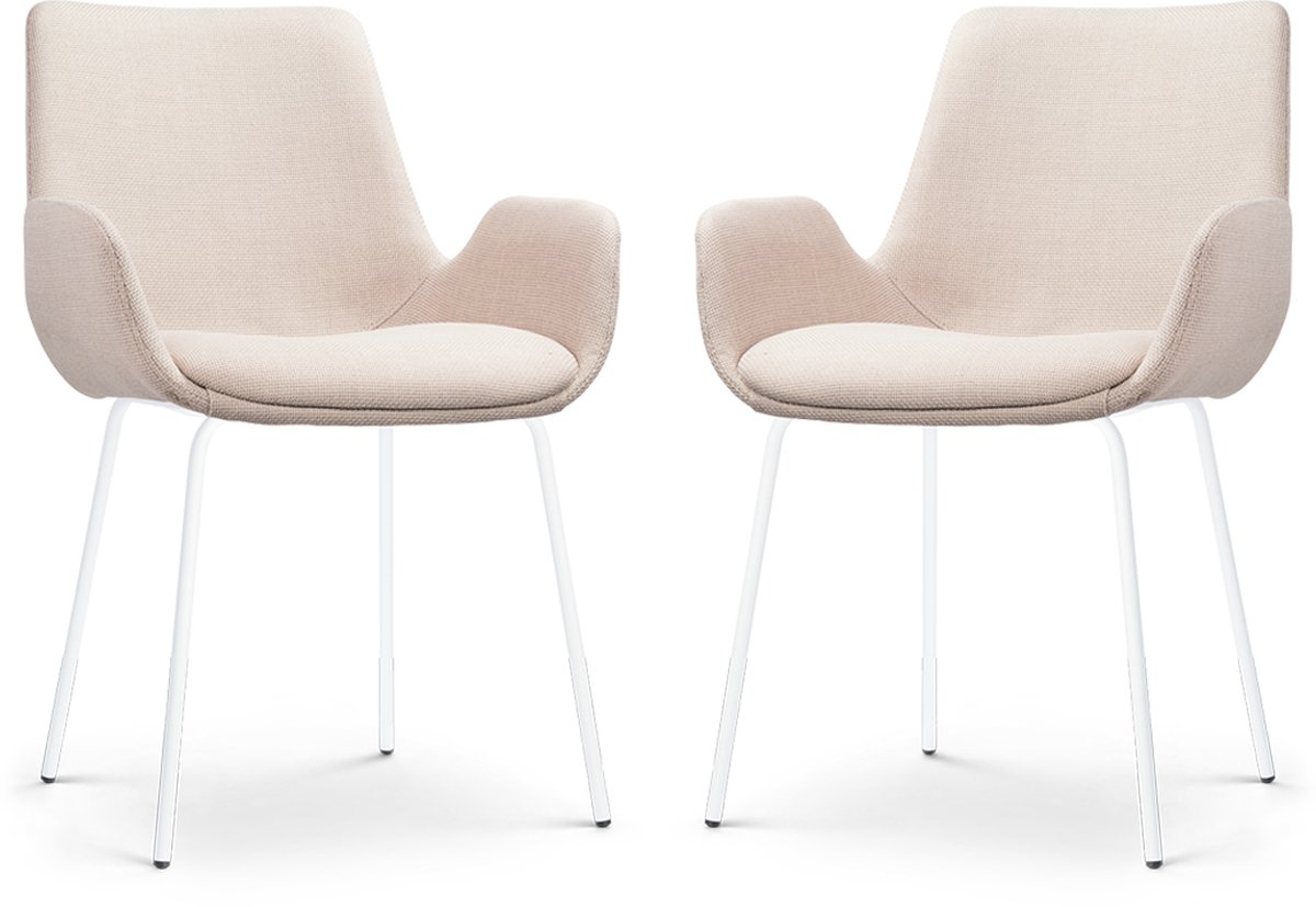 Nolon Nora-Eef Eetkamerstoelen Set van 2 Beige - met Armleuning - Stof - Wit Metalen Poten