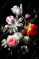 JJ-Art (Glas) 60x40 | Bloemen, rozen en tulpen, stilleven, deels zwart wit, kunst | roos, tulp, bloem, plant, rood, paars, zwart wit, modern | Foto-schilderij-glasschilderij-acrylglas-acrylaat-wanddecoratie