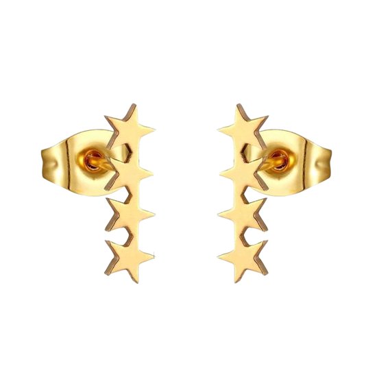 Aramat jewels - Goudkleurige oorbellen 4 sterren zweerknopjes chirurgisch staal 12mm x 3mm - Sterren oorknopjes - Goudkleurige Oorbellen - Stijlvolle Bar-vorm met 4 Sterren - Geschikt voor Vrouwen, Mannen, Pubers en Kinderen