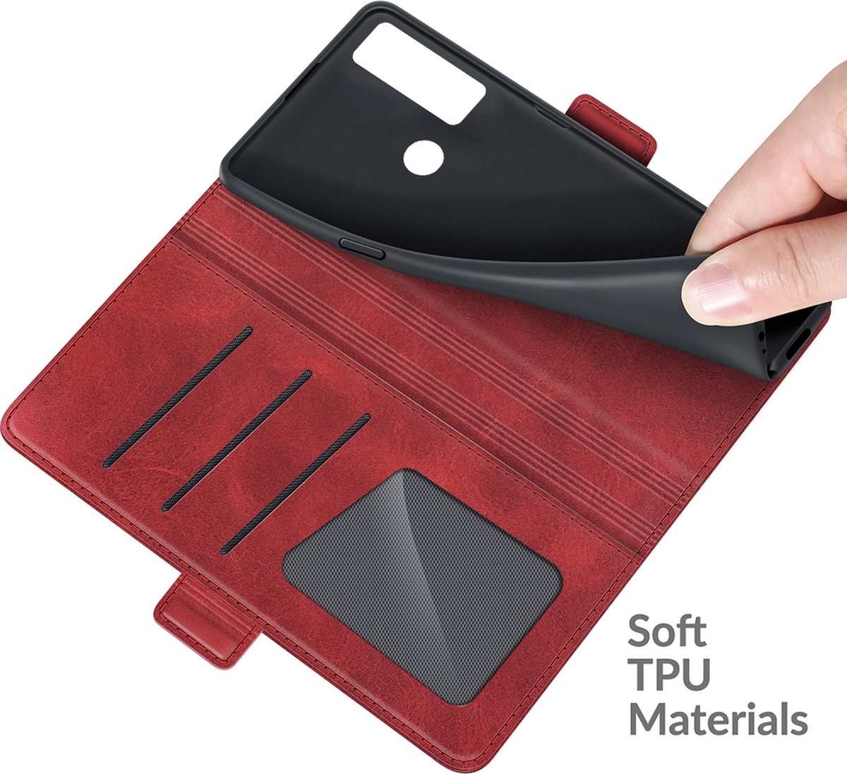 Mobigear Telefoonhoesje geschikt voor TCL 20 SE Hoesje | Mobigear Slim Magnet Bookcase Portemonnee | Pasjeshouder voor 3 Pasjes | Telefoonhoesje voor Pinpas / OV Kaart / Rijbewijs - Rood — cadeau in Cadeau-ideeën - foto 4