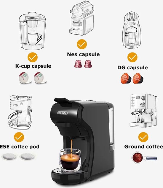 ProductPlein - Hibrew Koffie Machine 7-in-1 - Koffiemachine 19 Bar Met Warm/Koud Stand - Ijskoffie Machine, Espresso, Dolce Gusto, K-Cup, Nes, Ground Koffie - 68 db