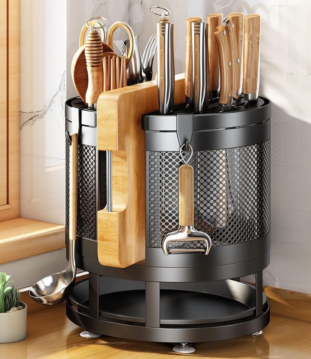 Messenhouder, 360° draaibaar messenblok, zonder messen, snijplankhouder, gebruiksvoorwerpenhouder, afneembaar, 360° draaibaar, messenorganizer, metalen messenstandaard met 4 haken,