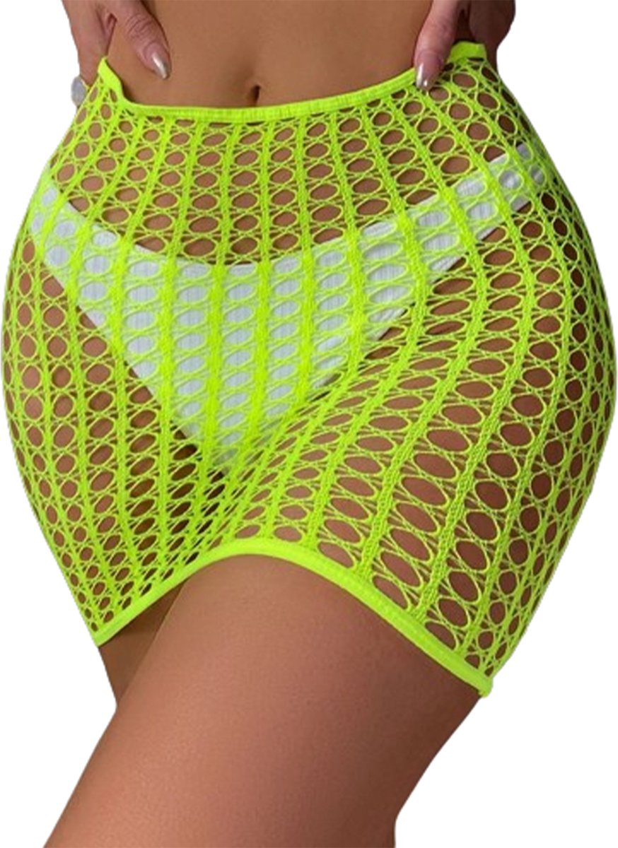 Goedkoopste Transparante erotische party rok - Sexy visnet look - One size - Oranje en Groen/Geel - Erotische festival kleding - Zomer - Outfit
