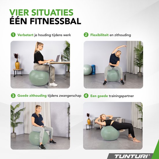 Vier situaties waarin een Tunturi fitnessbal gebruikt kan worden.