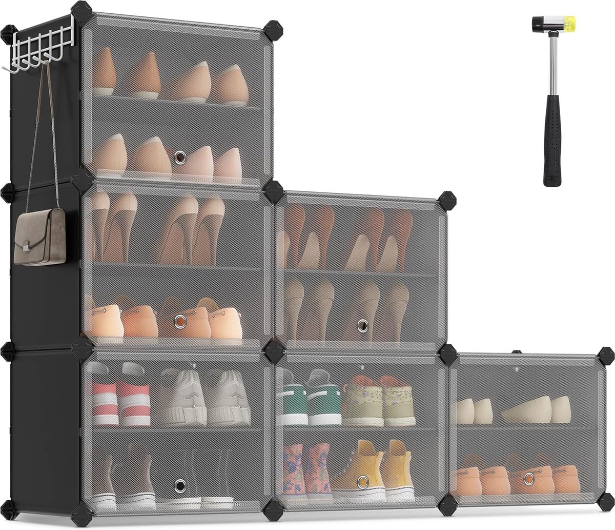 Hoppa! smal schoenenrek met 6 vakken, stalen frame en kunststof planken – zwart, 32 x 124 x 94 cm (D x B x H)