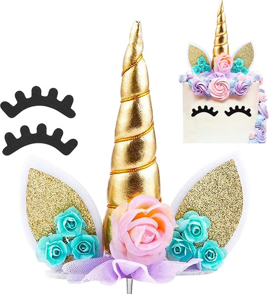 Unicorn Taartdecoratie - Goud, Roze, Blauw & Paars - Taarttopper - Taartversiering - Paarden Spullen Cadeaus - Cake Topper - Taartdecoratie Bloemen