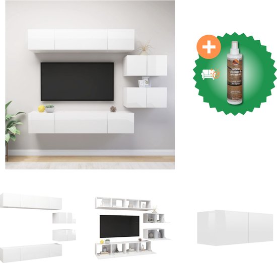 vidaXL 6-delige Tv-meubelset spaanplaat hoogglans wit - Kast - Inclusief Houtreiniger en verfrisser