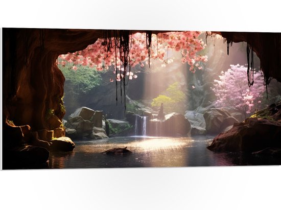 PVC Schuimplaat - Water - Meet - Waterval - Bloemen - Grot - Stenen - 100x50 cm Foto op PVC Schuimplaat (Met Ophangsysteem)