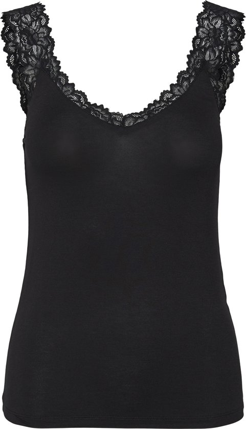 Zwarte singlet met V-hals en kanten randjes aan de schouderbandjes en decolleté.