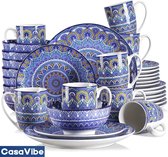 CasaVibe Serviesset – 32 delig – 8 persoons – Porselein - Luxe – Blauw – Bordenset – Dinner platen – Dessertborden - Mandala
