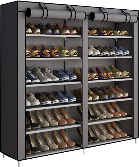 Schoenenrek, 6-laags schoenenrek, ruimte voor maximaal 36 paar schoenen met niet-geweven stoffen bekleding, grijs