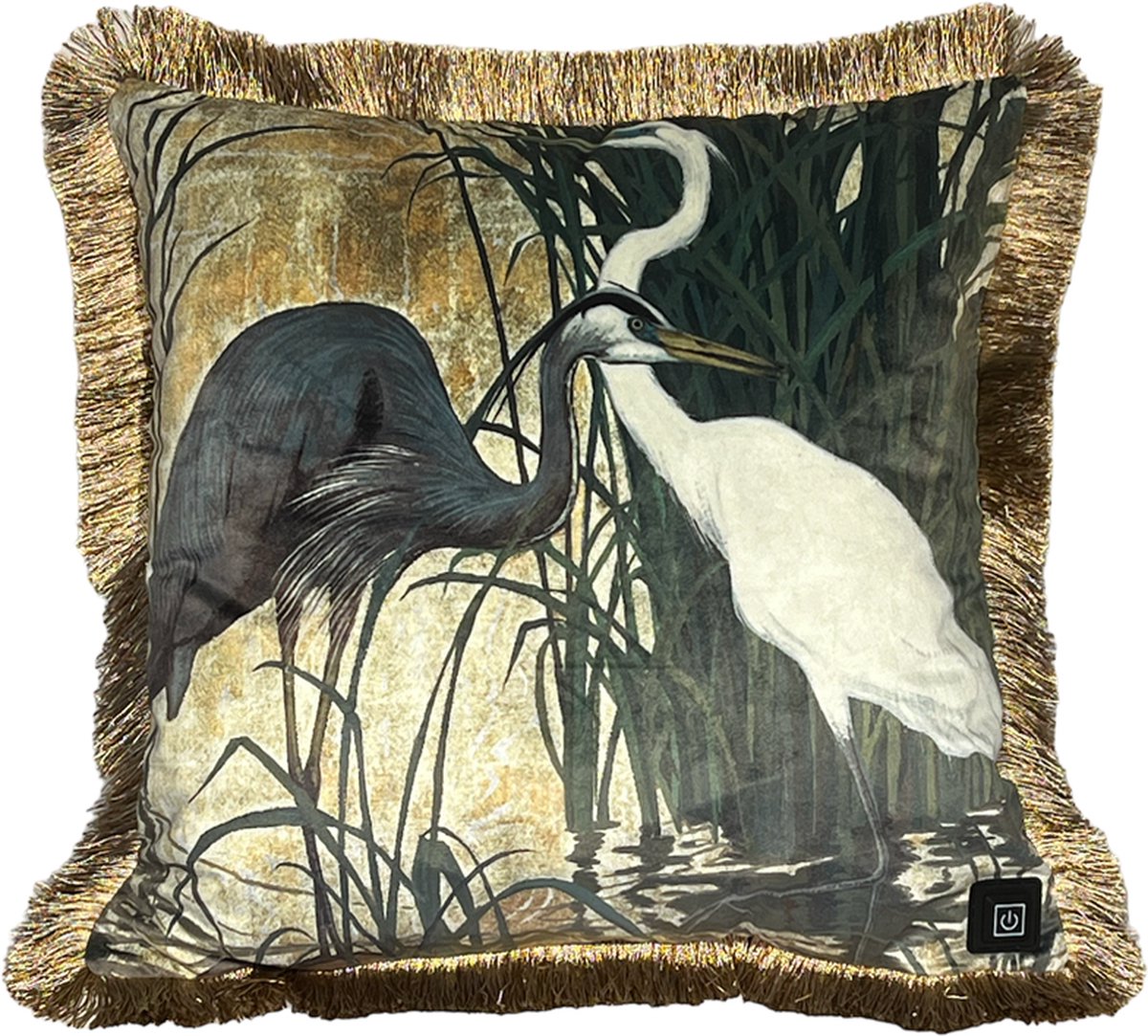 Warmpi Draadloos Warmtekussen incl. Powerbank (10.000mah) Fluweel met Reigers en franje Elektrisch verwarmde sierkussen heeft ook kabel van 3m voor opwarming via stopcontact of USB Poort 3 warmtestanden kussen 45x45 cm Velvet Stof