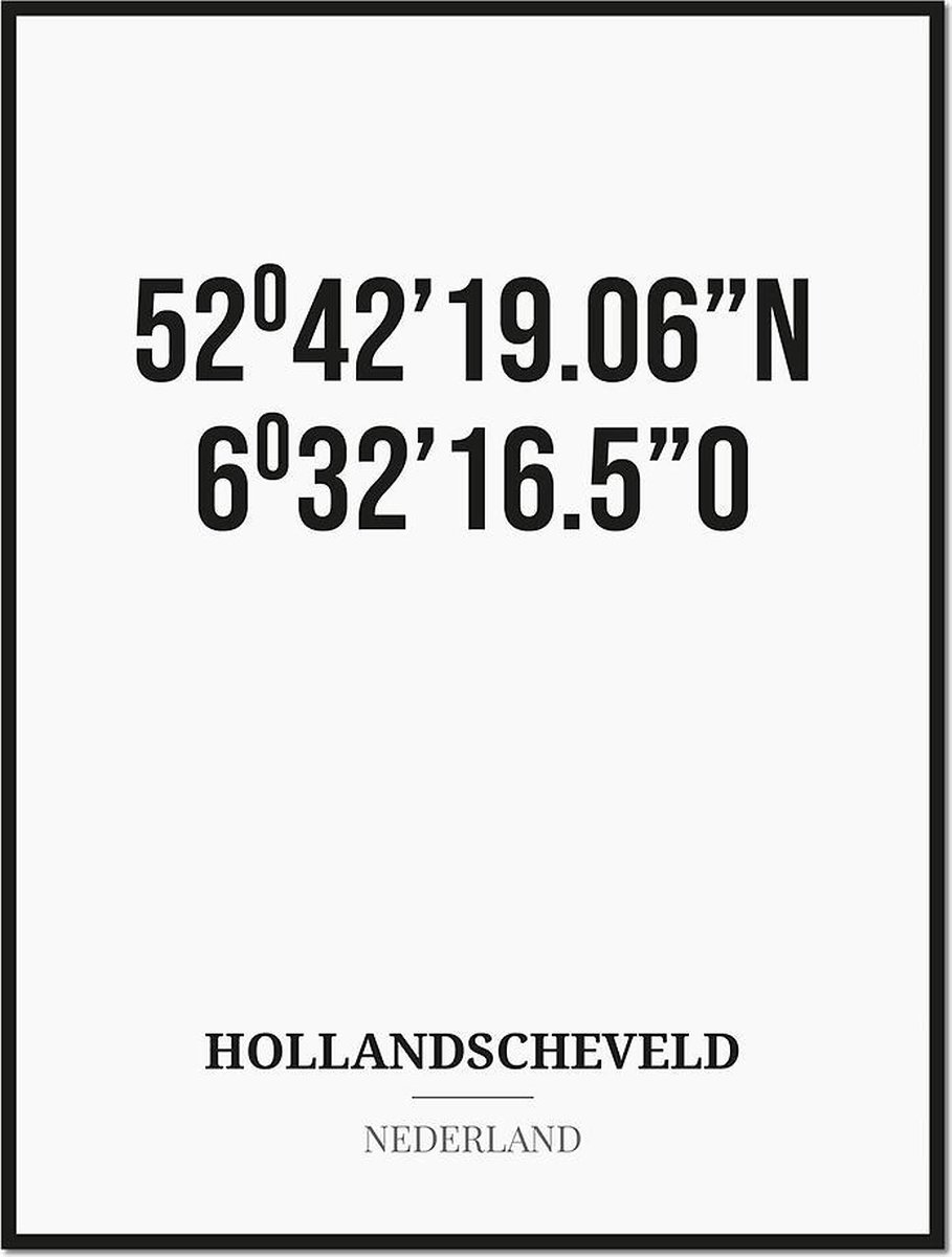 Studio216 Poster/kaart HOLLANDSCHEVELD met coördinaten zwart, wit