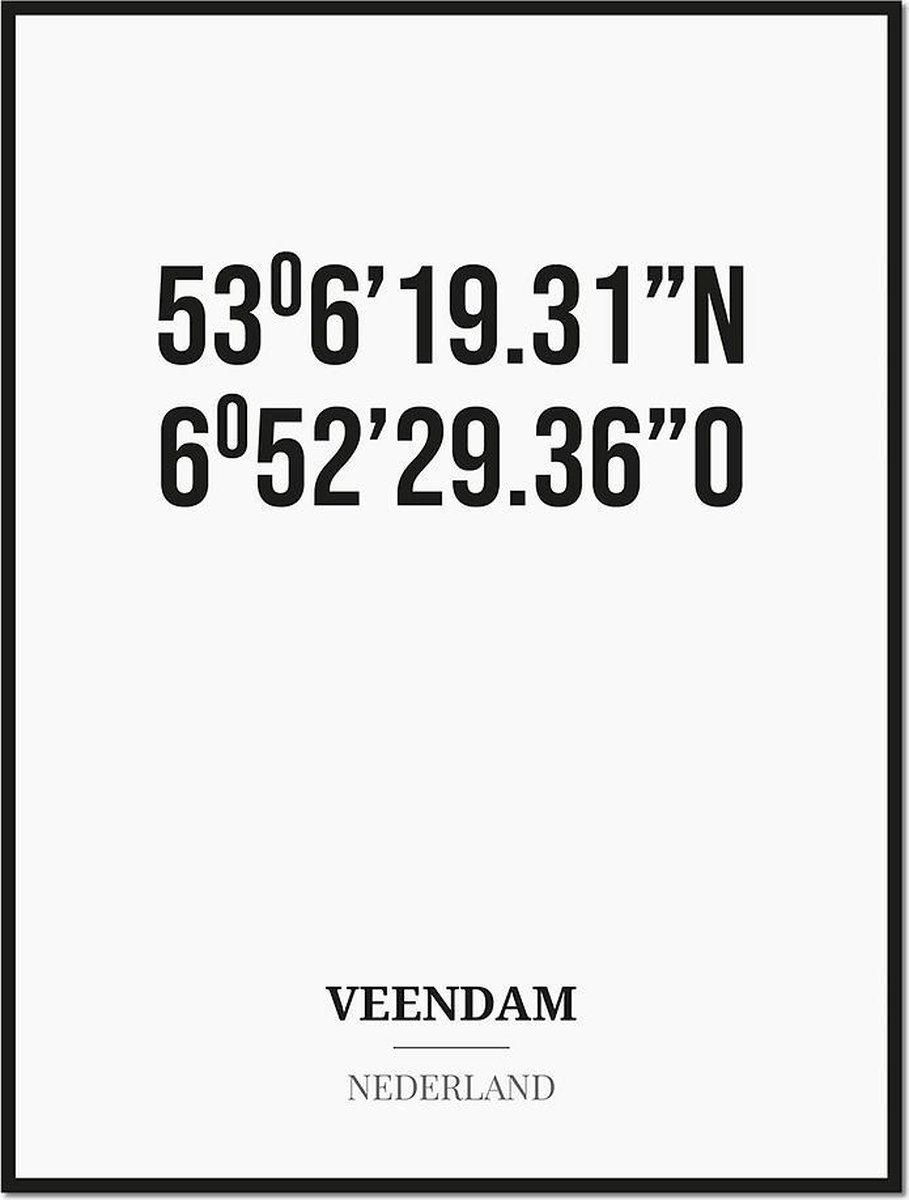 Studio216 Poster/kaart VEENDAM met coördinaten zwart, wit