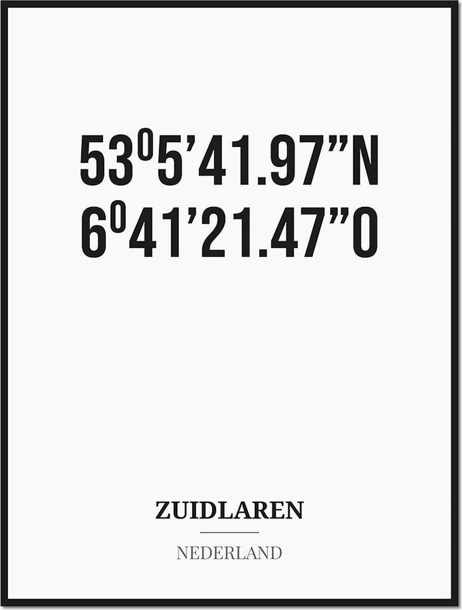 Studio216 Poster/kaart ZUIDLAREN met coördinaten zwart, wit