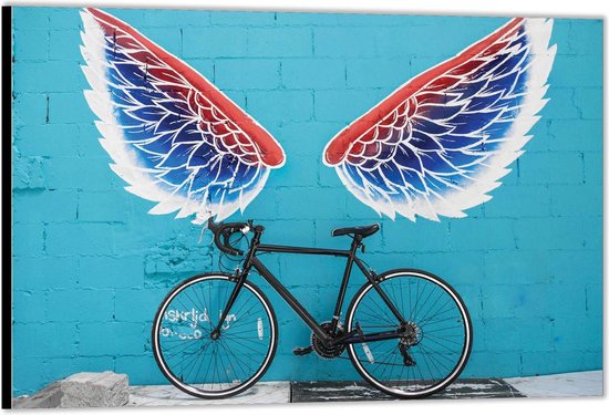 Dibond -Fiets voor Blauwe Muur met Graffiti Vleugels  Foto op Aluminium (Met ophang)