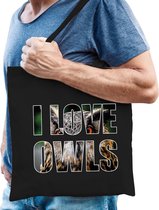 I love owls / uilen tas zwart heren - bedrukte dieren tassen - cadeau tas / shopper voor Oehoe uil liefhebbers