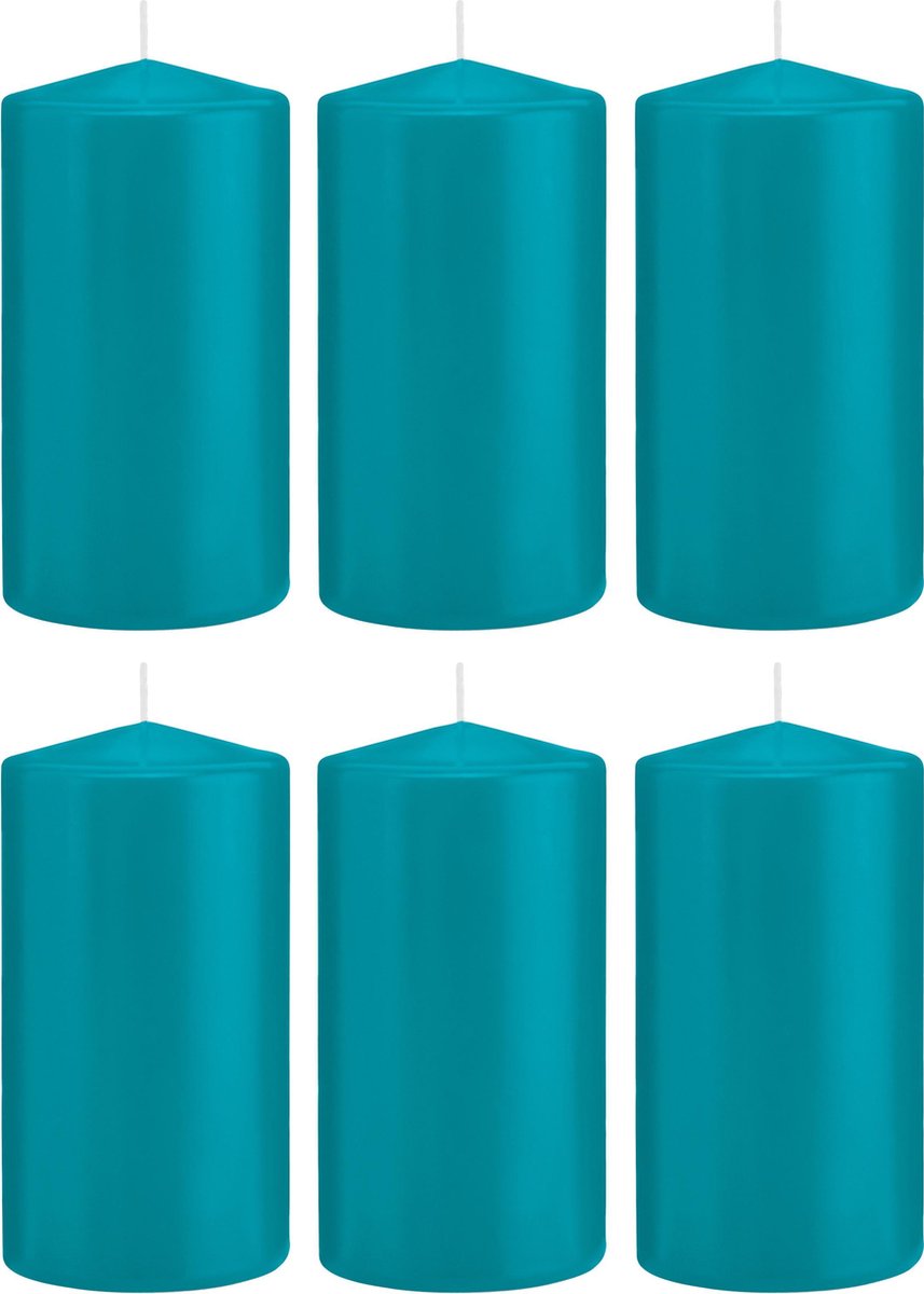 Trend Candles 6x Turquoise blauwe cilinderkaarsen stompkaarsen 8 x 15 cm 69 branduren Geurloze kaarsen turkoois blauw Woondecoraties
