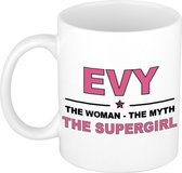 Naam cadeau Evy - The woman, The myth the supergirl koffie mok / beker 300 ml - naam/namen mokken - Cadeau voor o.a verjaardag/ moederdag/ pensioen/ geslaagd/ bedankt