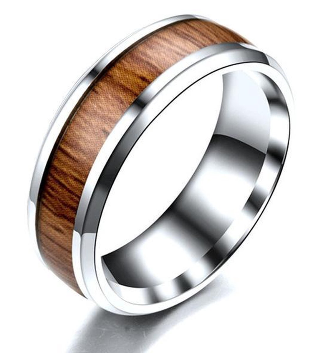 Ring Heren Zilver kleurig ingelegd met Hout - Staal - Ringen Mannen Dames - Papa Cadeau Voor Mannen - Vaderdag