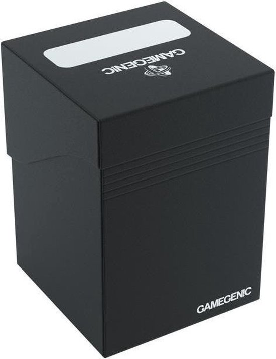 Zwarte deckbox met horizontale lijnen en een logo. 'GAMEGENIC' is zichtbaar.