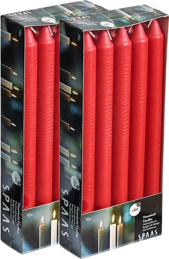 20x Rode dinerkaarsen 24 cm 8 branduren - Geurloze kaarsen - Huishoudkaarsen/tafelkaarsen/kandelaarkaarsen