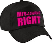 Mrs Always right pet / cap zwart met roze letters voor dames - verkleedpet / feestpet - vrijgezellenfeest
