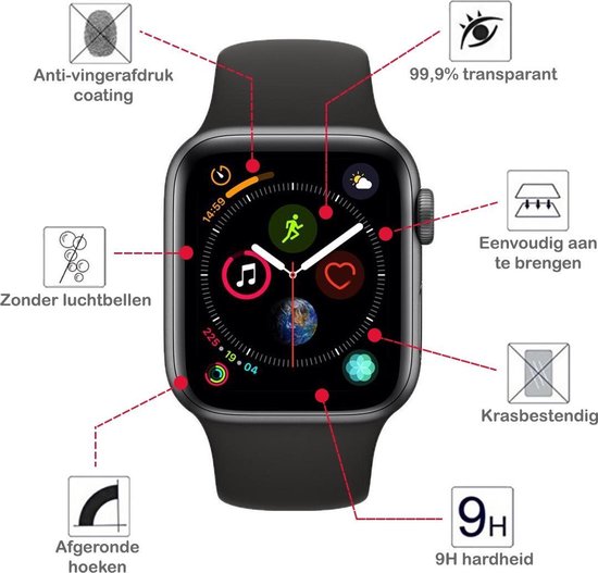 Diagram dat de kenmerken van een Apple Watch screenprotector toont: anti-vingerafdruk, zonder luchtbellen, afgeronde hoeken, 99,9% transparant, eenvoudig aan te brengen, krasbestendig, 9H hardheid.