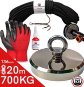 Vismagneet set - 700KG - 20 m touw - Handschoenen - Dreghaak - Prikstok adapter - Magneetvissen starterspakket - Borgmiddel (10 ml)