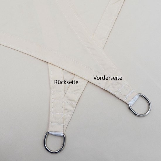 Detail van de hoeken van een beige schaduwdoek, met D-ringen en de aanduidingen 'Voorzijde' en 'Rückseite'.