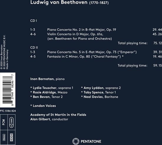 Achterkant van een muziek-cd-hoes met de titel 'Ludwig van Beethoven (1770-1827)' en de tracklist voor CD I en CD II.