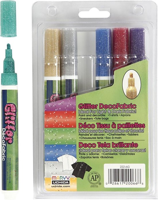 Marqueur textile Glitter Deco, ligne 3 mm, 6 assortis | bol.com