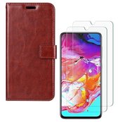 Etui Portefeuille Samsung Galaxy A70 / A70S Marron avec 2 Pièces de Protection Ecran en Glas