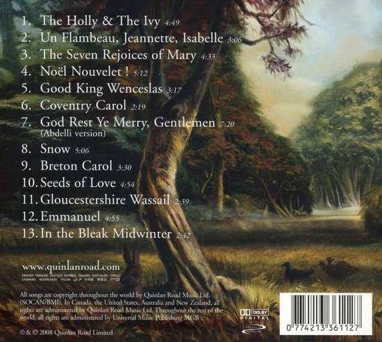 Achterkant van een cd met een winterse bosrand, bomen en een lijst met nummers.