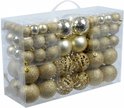 Doos met 100 gouden kerstballen in mat, glanzend, glitter en opengewerkt.