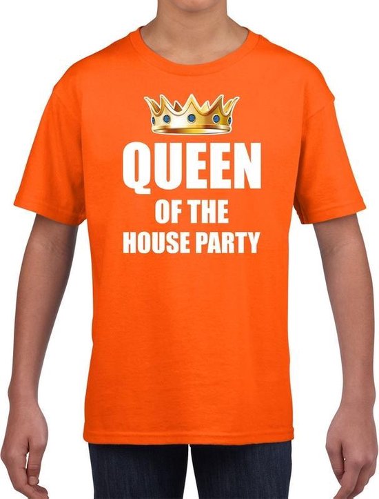 Koningsdag t-shirt Queen of the house party oranje voor kinderen / meisjes - Woningsdag - thuisblijvers / Kingsday thuis vieren 164/176