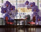 Fotobehang - Vlies Behang - Paarse Orchideeën op Houten Planken - 152,5 x 104 cm