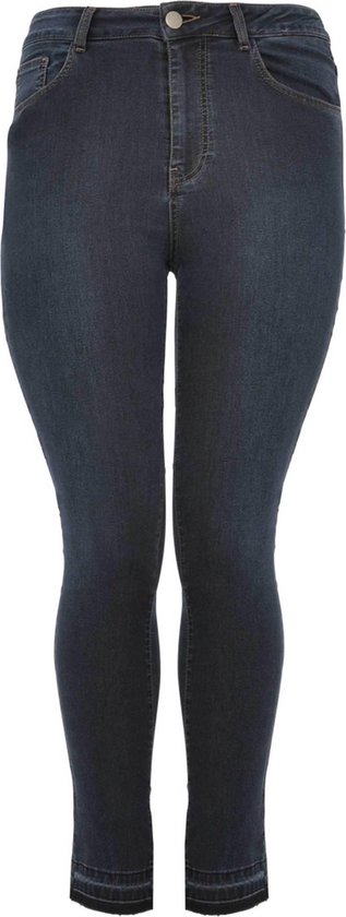 Donkerblauwe spijkerbroek met hoge taille en rafelige zoom.