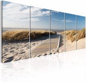 Schilderij - Vakantie aan zee , strand , blauw beige , 5 luik