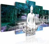 Schilderij - Azure Prayer , boeddha , blauw wit , waterval , 5 luik