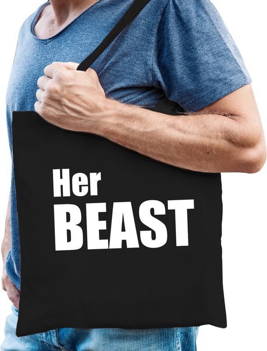 Her beast katoenen tas zwart met witte tekst - tasje / shopper voor heren