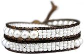 Bela Donaco Wikkelarmband Classic B6 – witte Parels – vintage Leer – Tsjechisch glas – Sterling Zilver